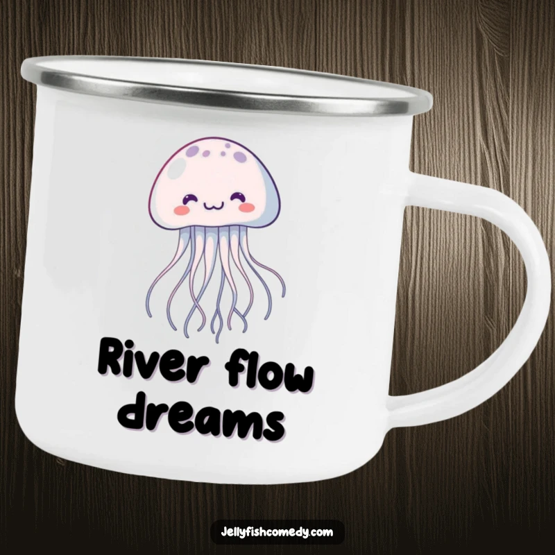Funny kawaii jellyfish camping mug, a joyful floating creature with trailing tentacles, perfect for outdoor laughter.