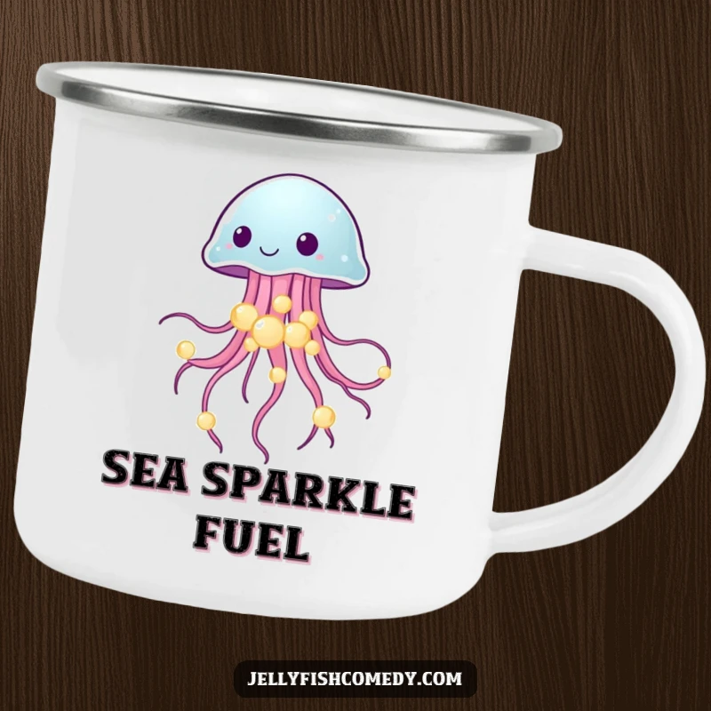 Funny camping mug featuring a jellyfish balancing glowing sea pearls, perfect for enjoying drinks outdoors.