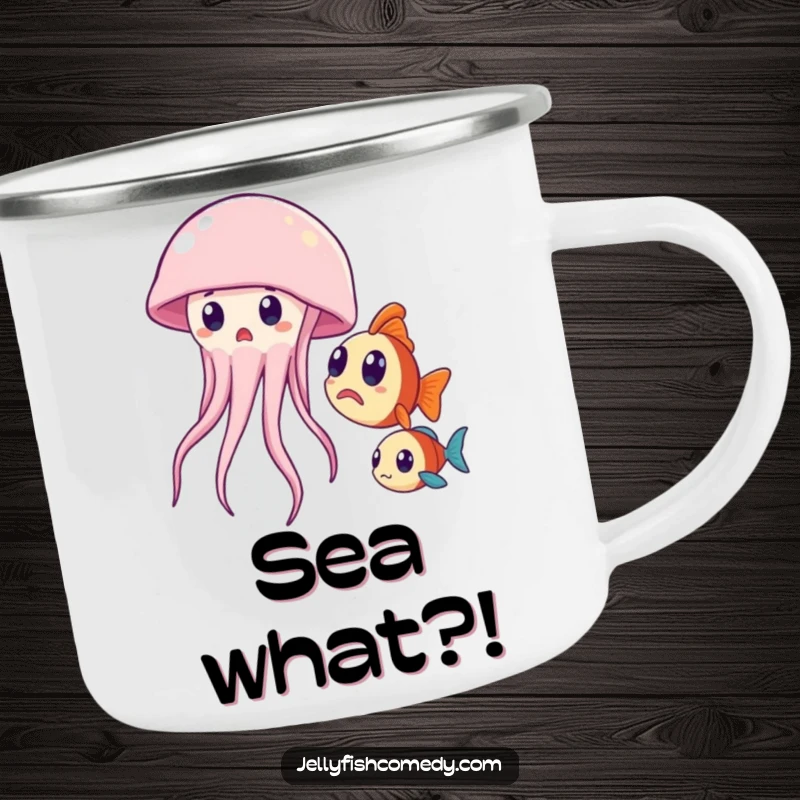 Funny camping mug with a surprised jellyfish and curious fish, perfect for outdoor enthusiasts who enjoy humor.
