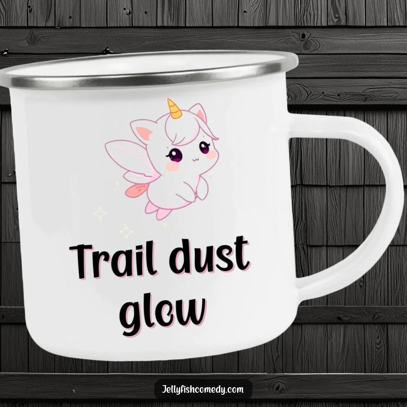 Funny camping mug featuring a small, ethereal creature trailing sparkling stardust, perfect for enjoying beverages outdoors with magic.