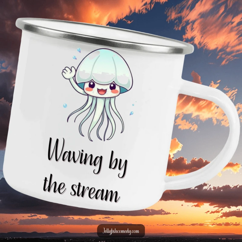 Funny waving jellyfish camping mug, ideal for outdoor hydration, splashing water with energy, a durable and fun companion.
