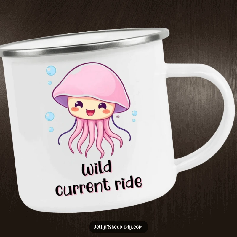 Funny surprised jellyfish camping mug, a happy sea creature with wide eyes, being blown by a current.