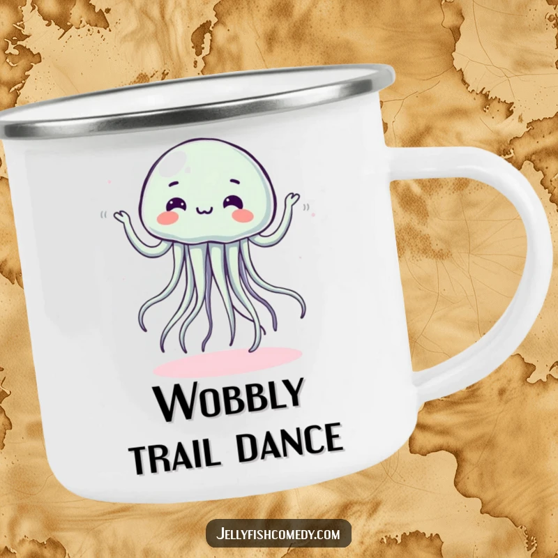 Funny camping mug depicting a jellyfish doing a silly, wobbly dance, perfect for outdoor fun.