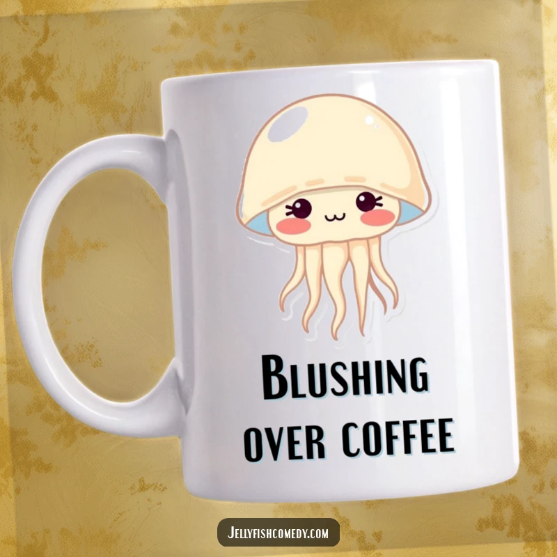 Funny mug showing a shy jellyfish with bright rosy cheeks, conveying adorable embarrassment and sweetness.