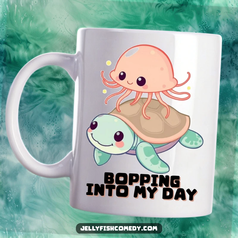 Funny jellyfish playfully bouncing off a friendly sea turtle's shell, a humorous mug celebrating friendship and fun.