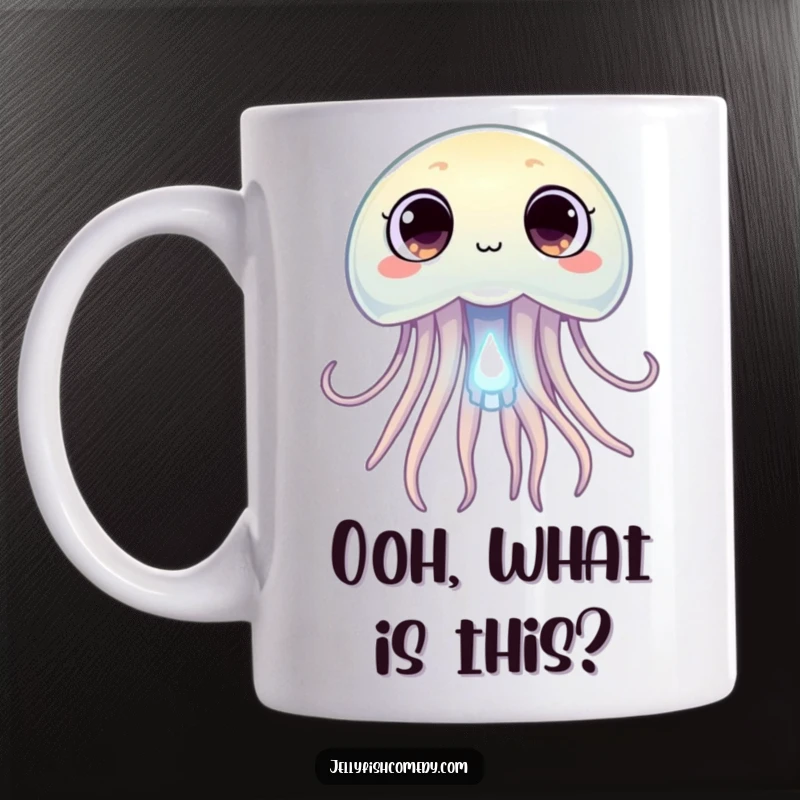 Funny jellyfish with wide, curious eyes peering intently at a tiny glowing plankton, a humorous mug for explorers.