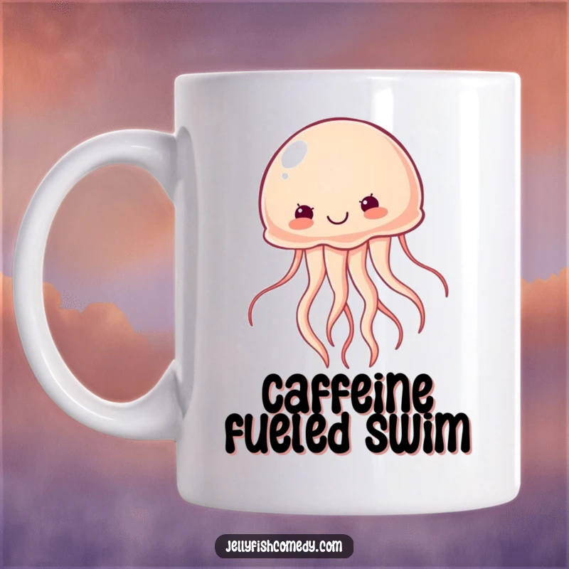 Funny determined jellyfish mug shows a jellyfish swimming forward with vigor, embodying a strong and humorous will to succeed.