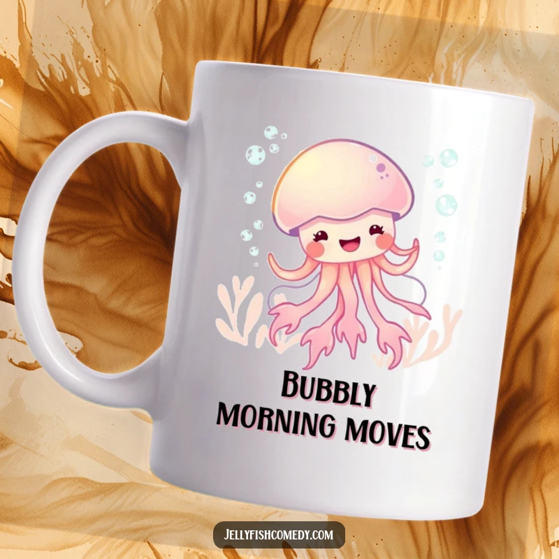 Funny jellyfish mug depicting a sea creature doing a bubbly underwater dance with pure glee and joy.
