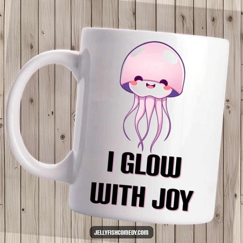 Funny happy jellyfish mug radiating pure joy with a gentle bell curve, perfect for ocean lovers and gift-givers.