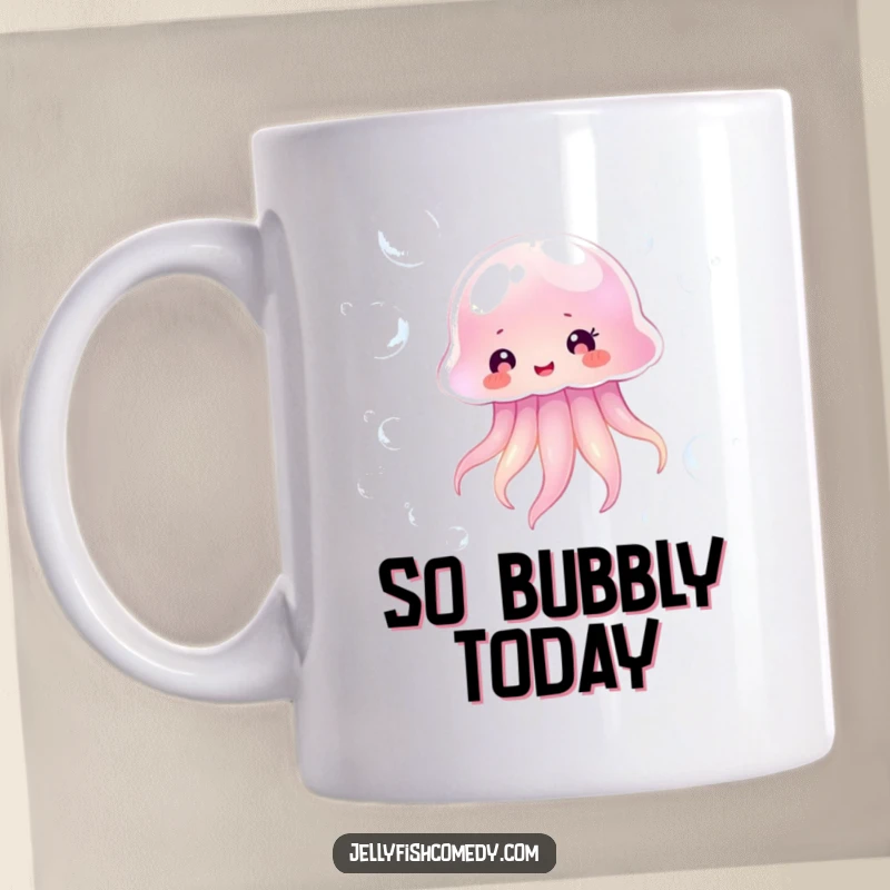 Funny transparent jellyfish happily floating amidst shimmering bubbles, a calm and humorous mug for ocean enthusiasts.