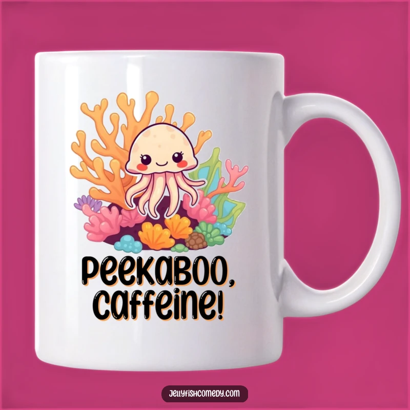 Funny Jellyfish Coral Peek Mug: Whimsical Underwater Cartoon Gift for Ocean Lovers