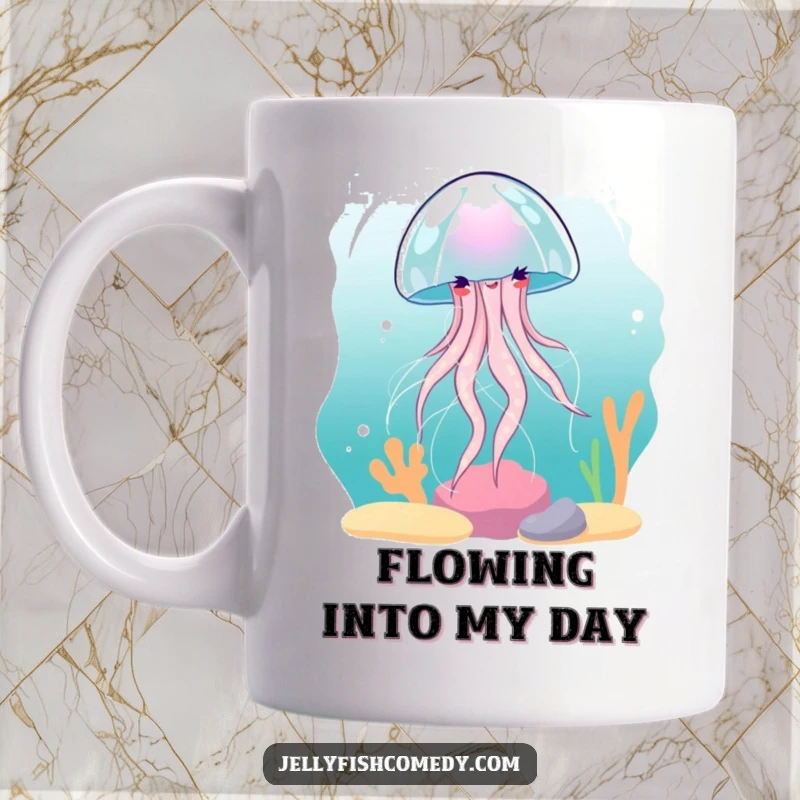 Funny Jellyfish Mug: A graceful jellyfish elegantly spins within a gentle underwater current.