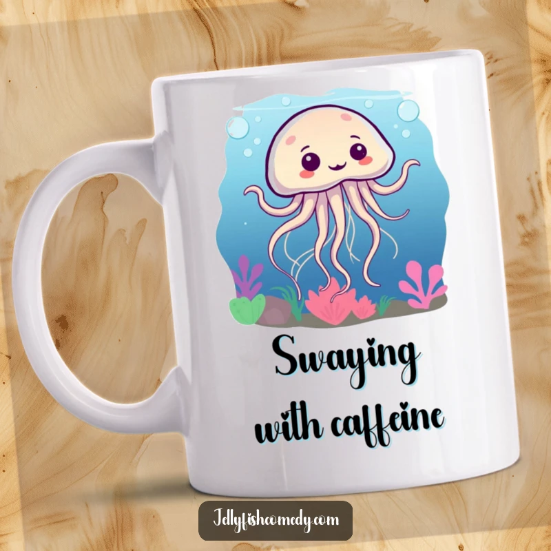 Funny mug featuring a whimsical jellyfish doing a silly dance underwater, its tentacles swirling playfully in a vibrant ocean scene.