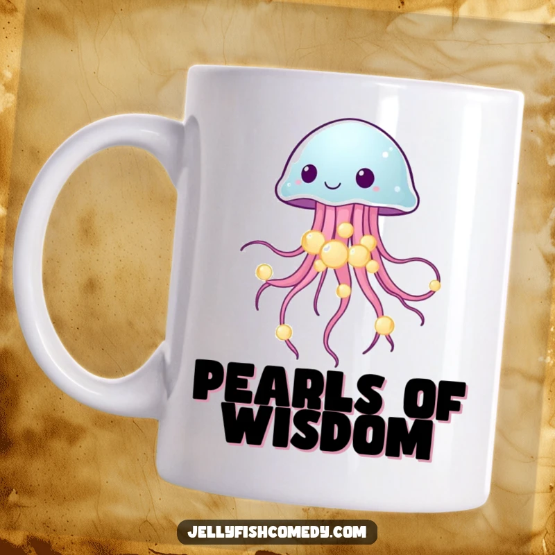 Funny mug depicting a jellyfish elegantly balancing glowing sea pearls, showcasing underwater elegance and charm.