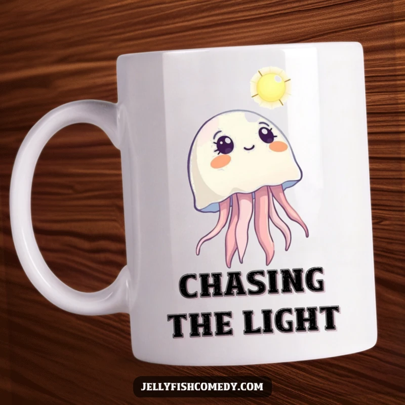 Funny mug depicting a jellyfish looking upwards with wonder at a distant light, symbolizing hope and curiosity.