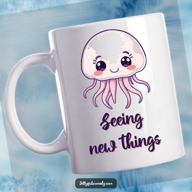 Funny joyful jellyfish mug featuring a floating sea creature with wide, curious eyes, conveying wonder and delight.