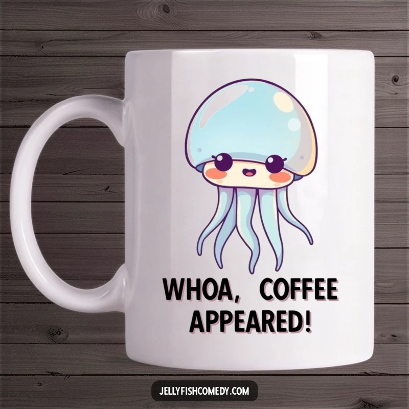 Funny Kawaii jellyfish mug with wide eyes and an open mouth, expressing utter surprise. A hilariously shocked sea creature.