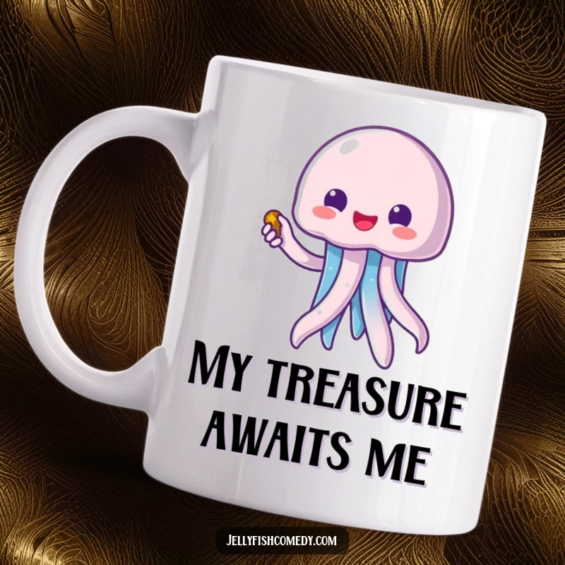 Funny kawaii jellyfish excitedly pointing towards a treasure chest, designed for unique mugs and coastal-themed gifts.