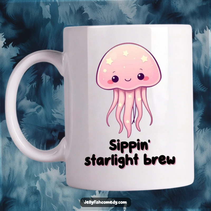 Funny kawaii jellyfish with twinkling starry patterns on its body, featured on a mug, evoking celestial wonder.