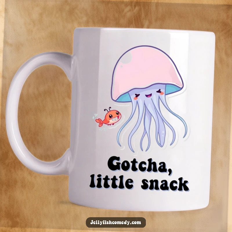 Funny jellyfish with a wide grin playfully chasing a tiny shrimp, depicted on a humorous ocean-themed mug.