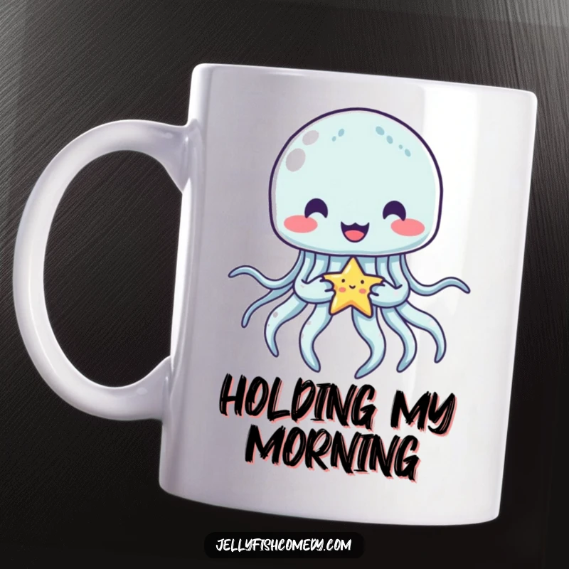 Funny jellyfish mug showing a cheerful jellyfish happily holding a tiny, bright star with its tentacles, radiating pure delight.