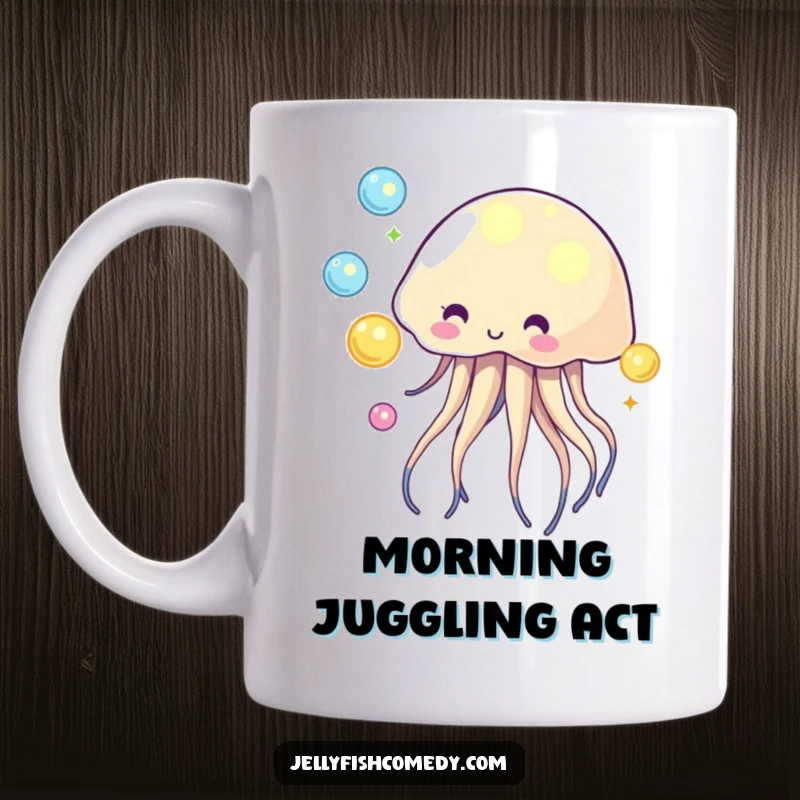 Funny mug with a cheerful jellyfish artistically juggling glowing orbs, showcasing playful undersea talent.