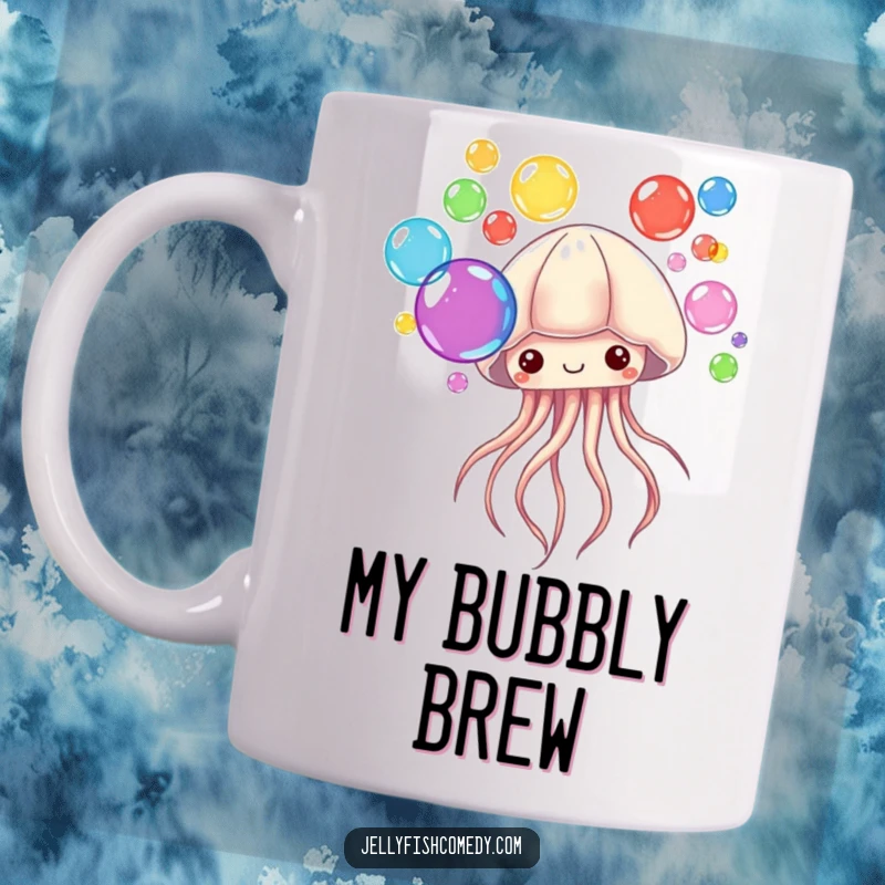 Funny Mug with a jellyfish blowing multiple colorful bubbles from its tentacles. This design is whimsical and joyful.