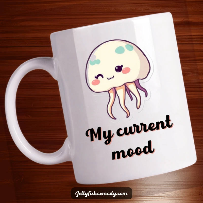 Funny shy jellyfish mug with a gentle smile and waving tentacles, conveying sweet bashfulness and underwater charm.