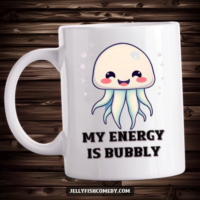 Funny Kawaii Jellyfish Mug with a big smile, radiating bubbly energy, perfect for coffee or tea lovers.