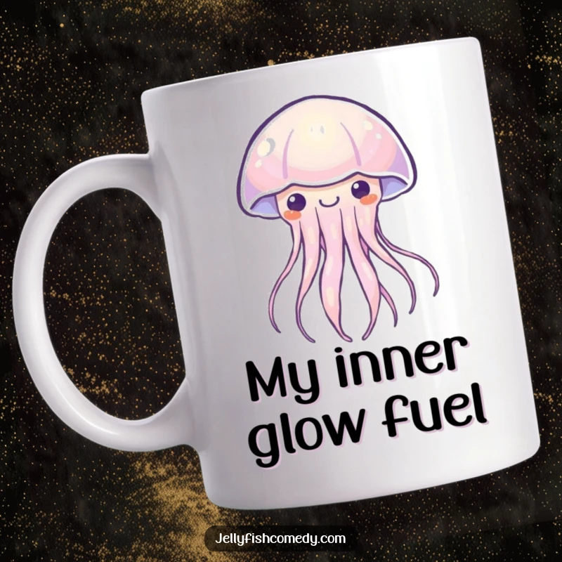 Funny Kawaii jellyfish mug emitting a soft, happy light with gentle pulsing. A peaceful and humorous sea creature.