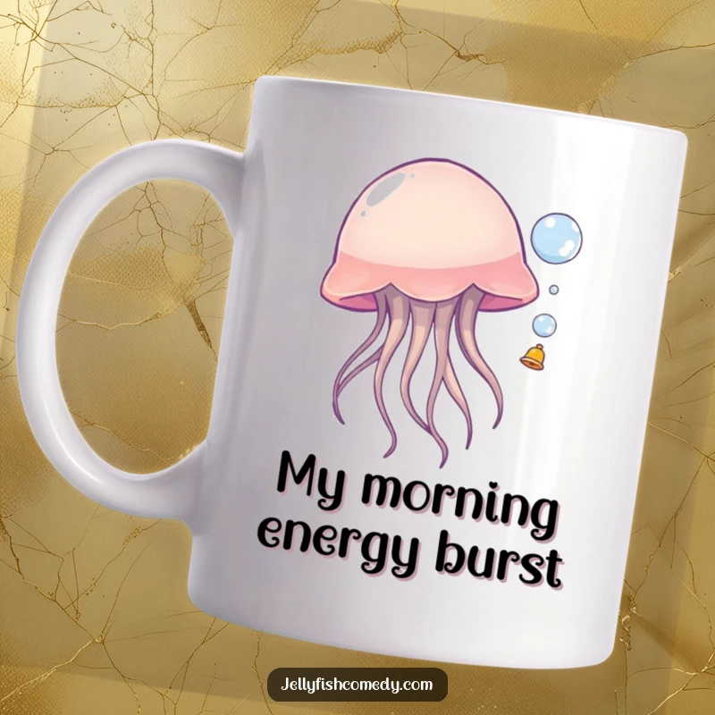 Funny jellyfish mug, a cute sea creature joyfully bouncing a small, shimmering bubble with its bell, perfect for a lighthearted gift.