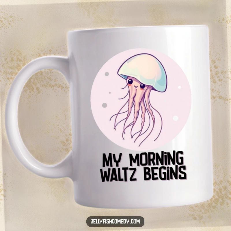 Elegant mug depicting a graceful jellyfish in a mesmerizing spinning motion, evoking peace and subtle humor.