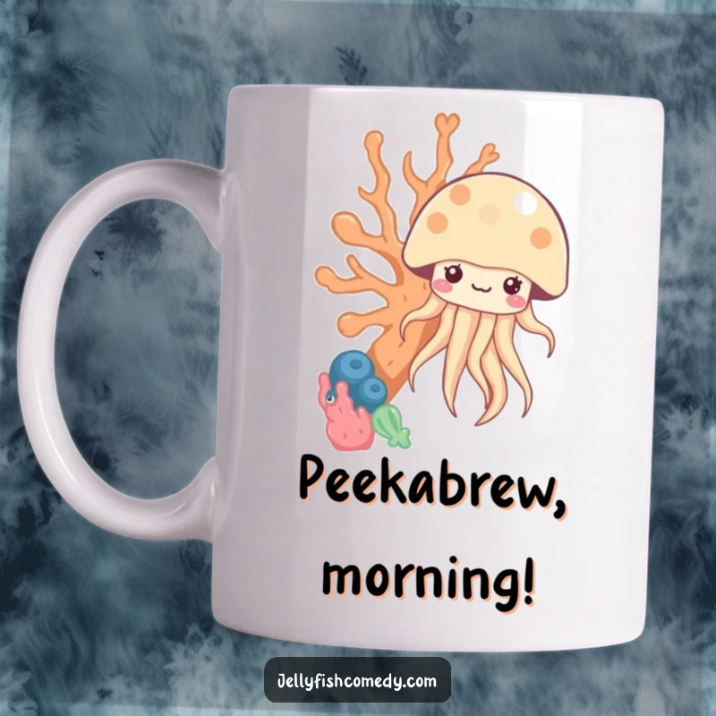 Funny kawaii jellyfish peeking from behind coral on a mug, evoking a sense of playful discovery and humor.