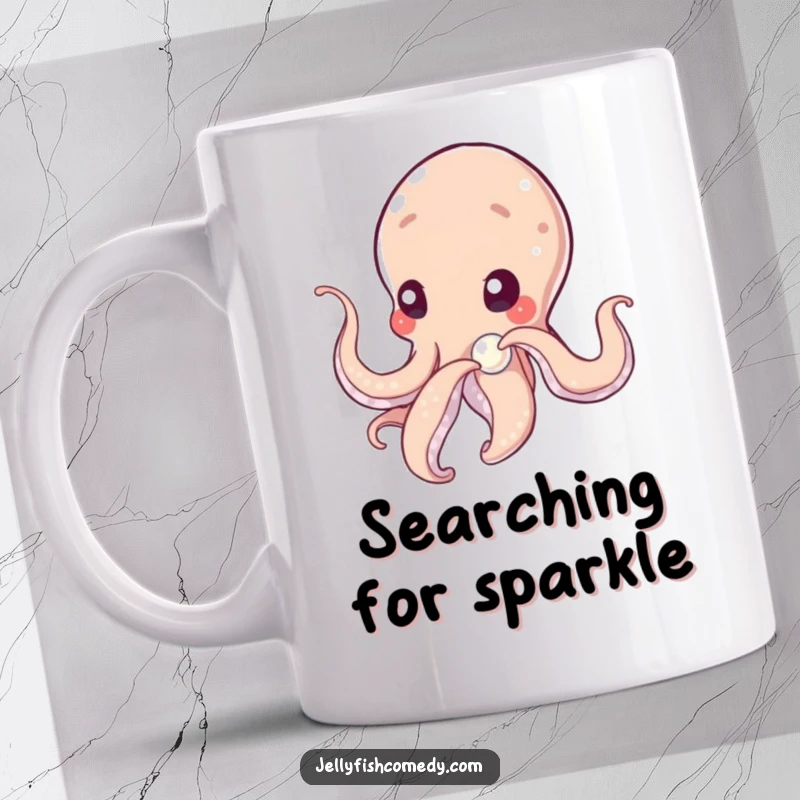 Funny tentacled being gently nudging a sparkling, shimmering pearl with an air of profound curiosity, a thoughtful depiction.