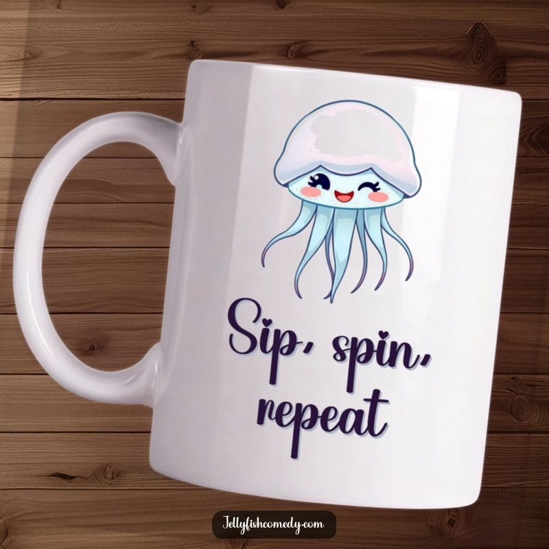 Funny mug depicting a friendly, winking jellyfish spinning slowly, embodying playful and cheerful energy.