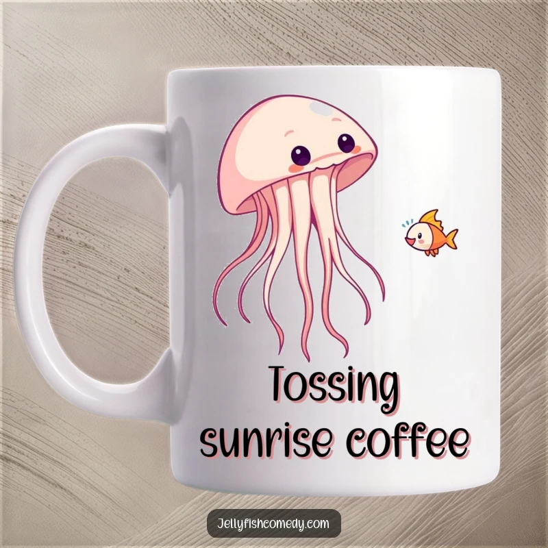 Funny mug featuring a playful jellyfish tossing a small fish high into the air with delight.