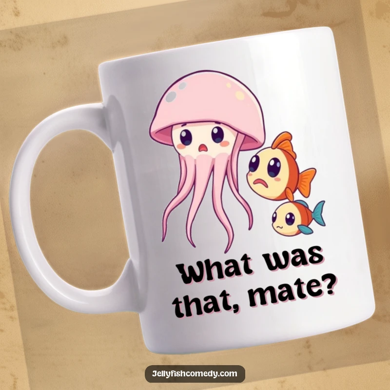 Funny mug showcasing a startled jellyfish encountering an inquisitive fish, perfect for ocean lovers and gift-givers.