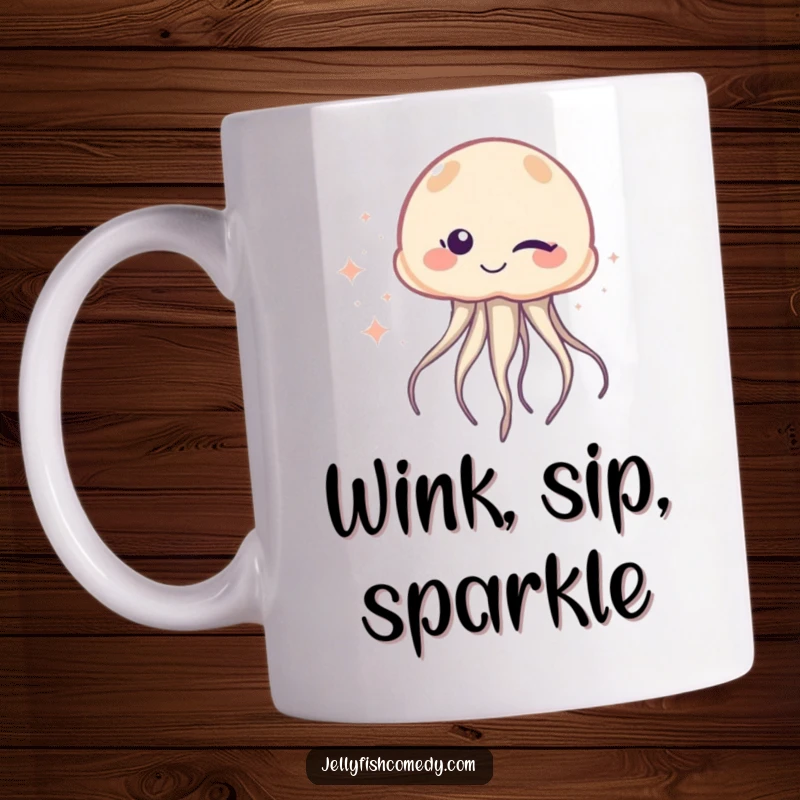 Funny Mug: A charming jellyfish winks mischievously with one eye, leaving a shimmering trail of sparkles, radiating playful humor.