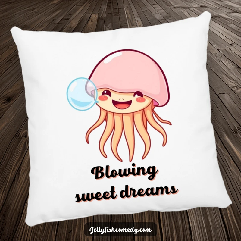 Funny grinning jellyfish pillow features a happy jellyfish blowing a bubble, offering cozy ocean humor and joy.