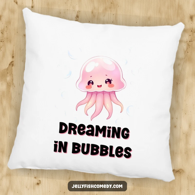 Funny transparent jellyfish happily floating amidst shimmering bubbles, a humorous and comfortable pillow for relaxation.
