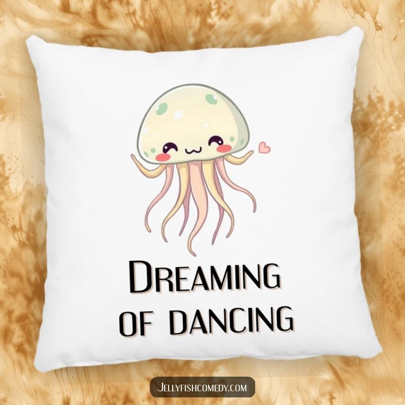 Funny jellyfish pillow featuring a cute, soft jellyfish doing a silly dance with its tentacles swaying rhythmically, radiating comfort and humor.