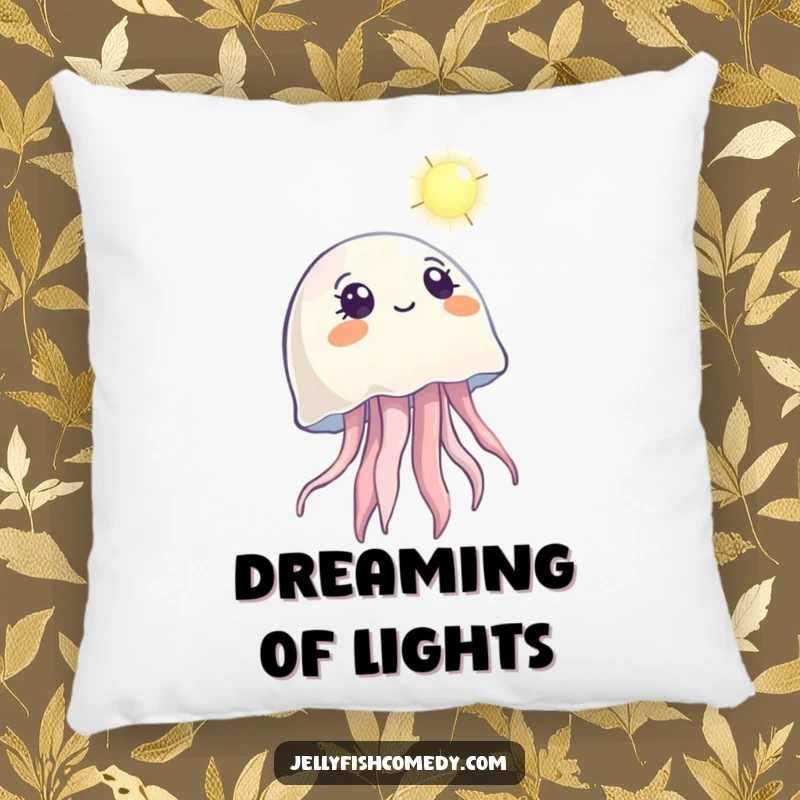 Funny pillow showcasing a jellyfish looking up with wonder at a distant light, offering comfort and inspiration.
