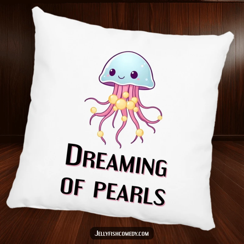 Funny pillow showcasing a jellyfish gracefully balancing glowing sea pearls, offering comfort and enchanting beauty.