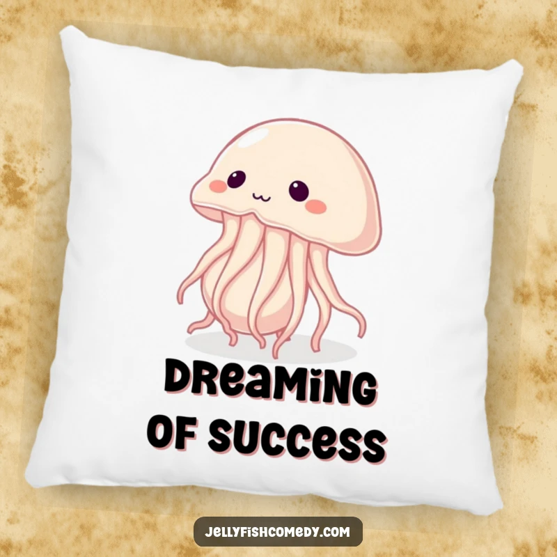 Funny pillow with a determined jellyfish pushing a giant pearl, offering comfort and a visual reminder of perseverance.