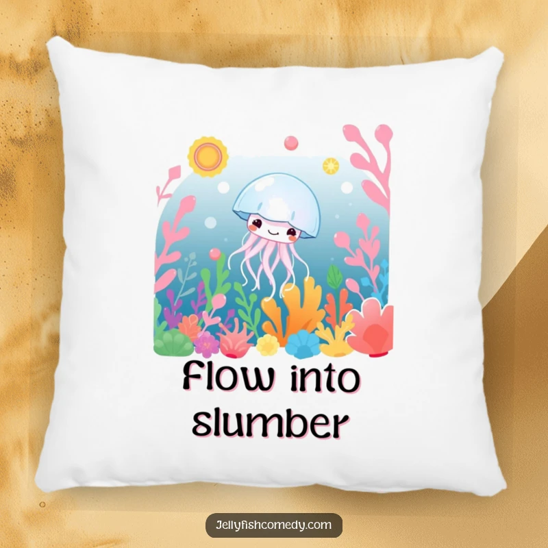 Funny Pillow: A smiling jellyfish peacefully drifts amongst lush, colorful underwater plants, providing comfort and gentle humor.