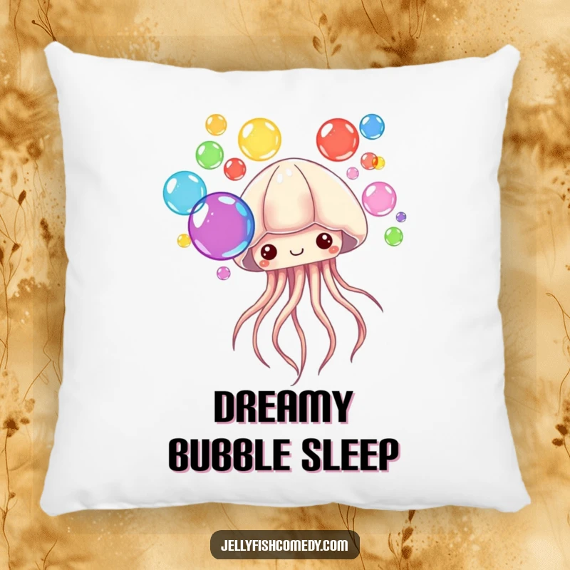 Funny Pillow designed with a jellyfish blowing colorful bubbles. This cushion offers soft, playful, and vibrant comfort.