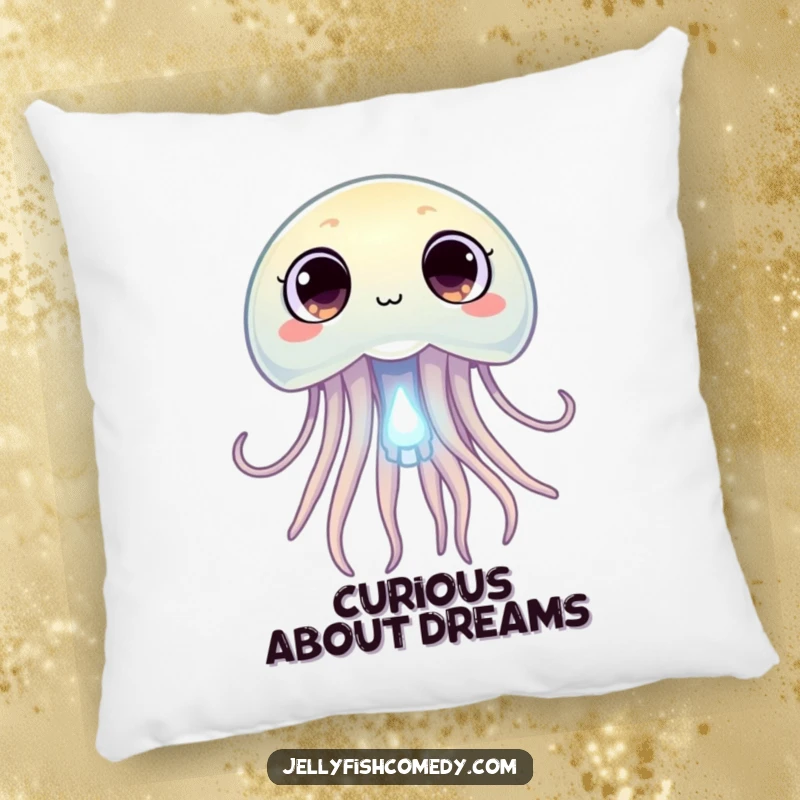 Funny jellyfish with wide, curious eyes peering at a tiny glowing plankton, a humorous and comfortable pillow.