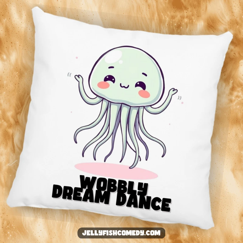 Funny pillow featuring a jellyfish doing a silly dance with wobbly movements, offering cozy fun.
