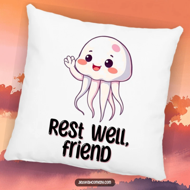 Funny cheerful jellyfish waving a gentle hello, soft pillow for adding humorous and welcoming charm to any space.