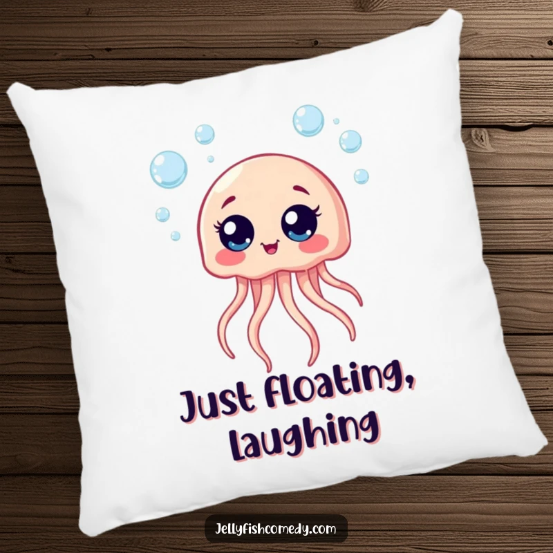 Funny pillow with a giggling jellyfish, big eyes, and bubbles, offering comfort and cheerful vibes.